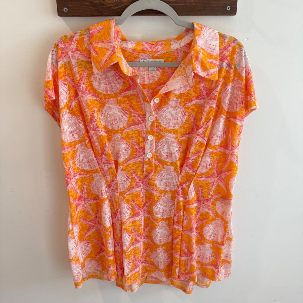 Cato Womens Plus Size 18/20W Starfish Shell Print Button Top Orange‎ Pink